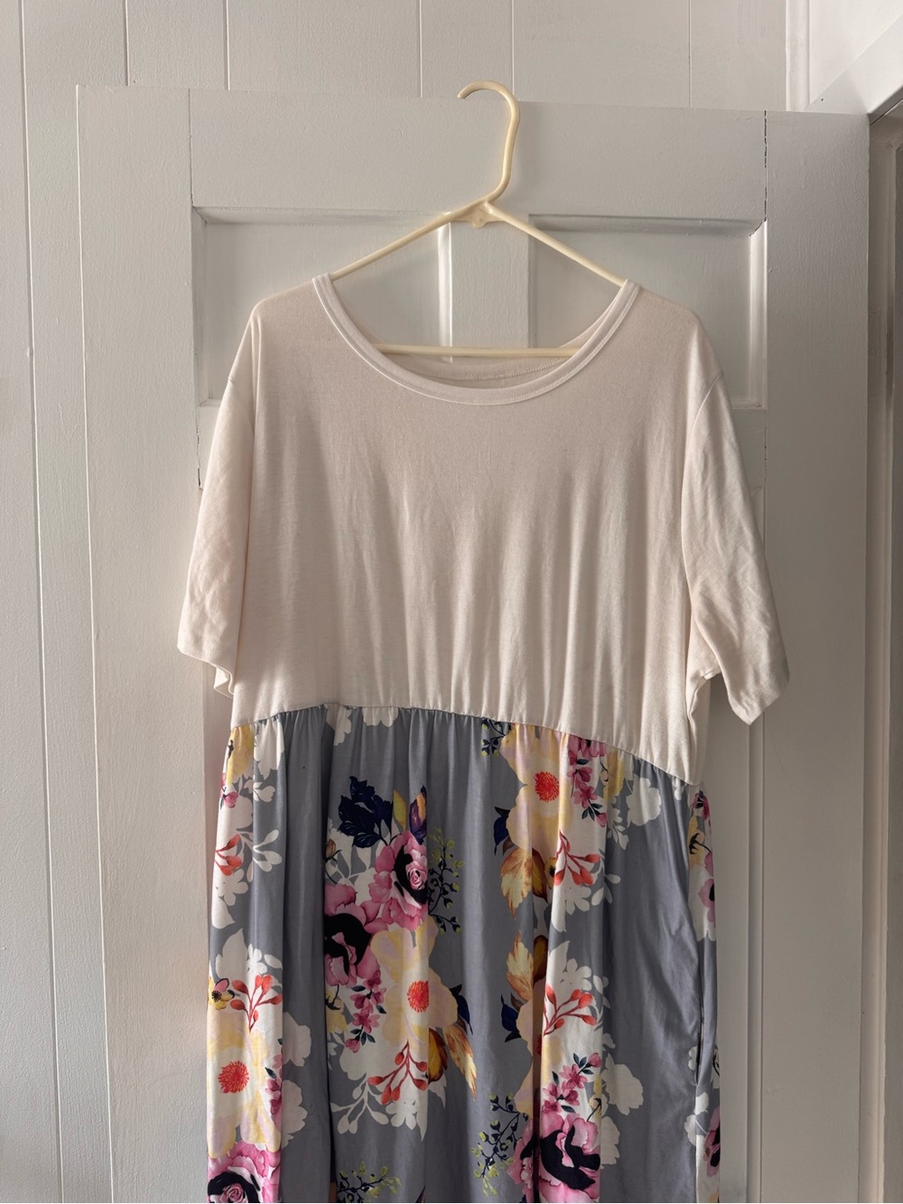 Cream and Gray Floral Two-Tone Maxi Dress